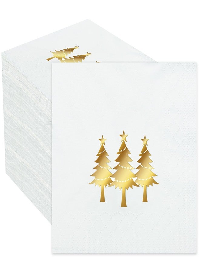 peony man 100 PCS Christmas Cocktail Napkins Christmas Gold Foil Paper Napkin Xmas Tree Disposable Napkins 3 Ply White and Gold Beverage Napkin for Xmas Holiday Kitchen Dinner Party Supplies, 5 x 5 Inch - Image 1